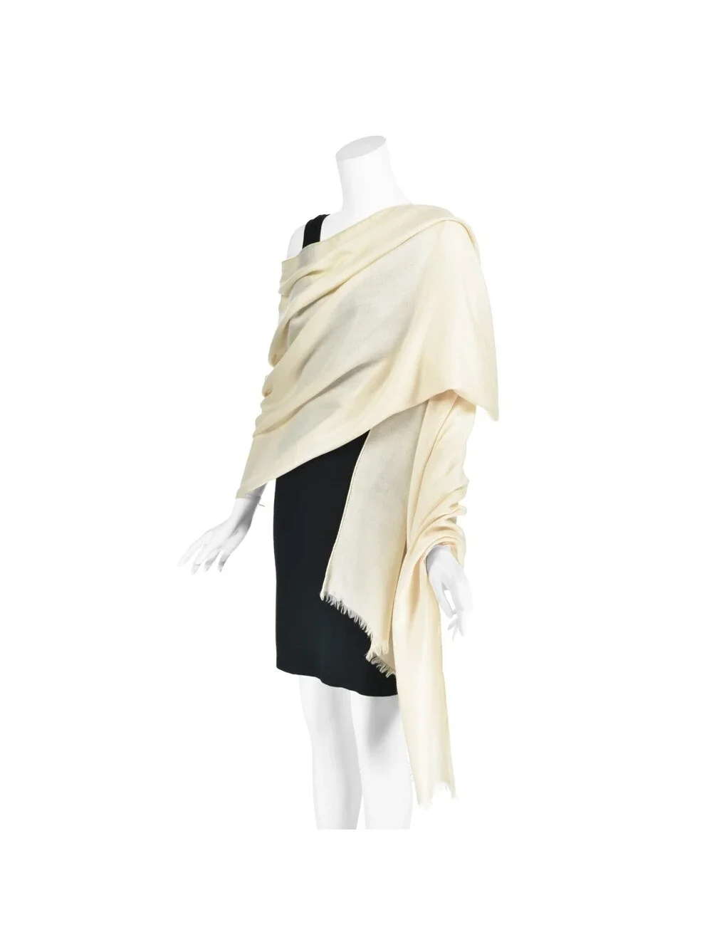 LORO PIANA Lightweight Ivory Cashmere Twill Shawl with Delicate Fringe, 32x82in